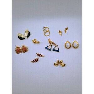 Vintage Lot of 9 Pair Gold Tone Quality Enamel Dangle Stud, Clip On Earrings